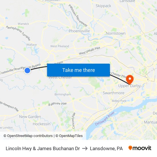 Lincoln Hwy & James Buchanan Dr to Lansdowne, PA map