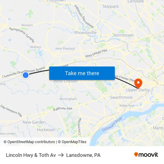 Lincoln Hwy & Toth Av to Lansdowne, PA map