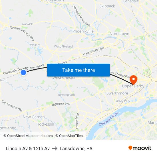 Lincoln Av & 12th Av to Lansdowne, PA map