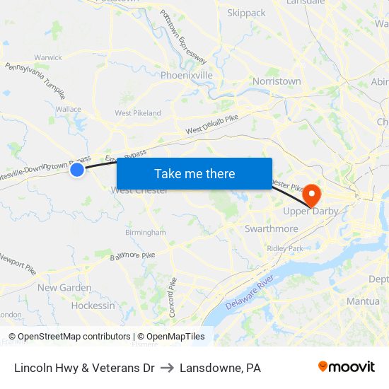 Lincoln Hwy & Veterans Dr to Lansdowne, PA map