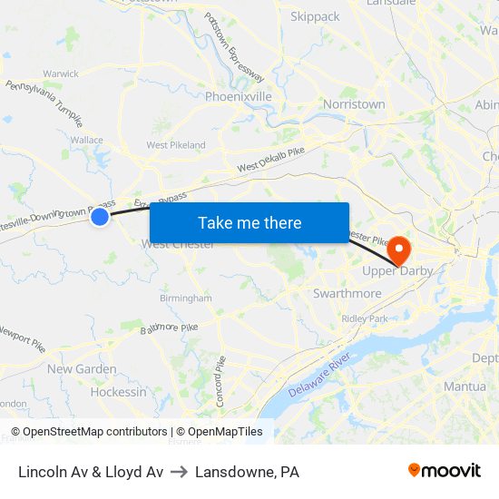 Lincoln Av & Lloyd Av to Lansdowne, PA map