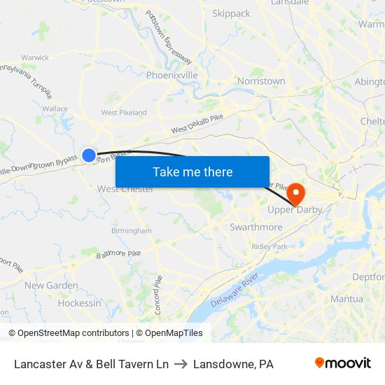 Lancaster Av & Bell Tavern Ln to Lansdowne, PA map