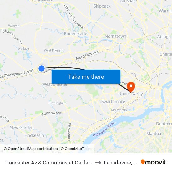 Lancaster Av & Commons at Oaklands to Lansdowne, PA map