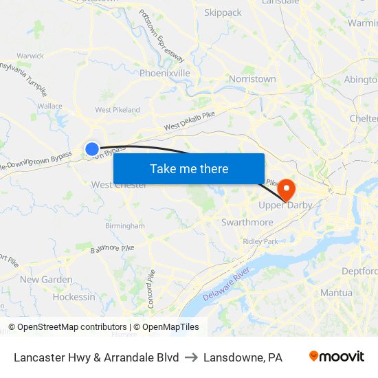 Lancaster Hwy & Arrandale Blvd to Lansdowne, PA map