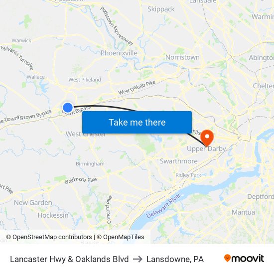 Lancaster Hwy & Oaklands Blvd to Lansdowne, PA map
