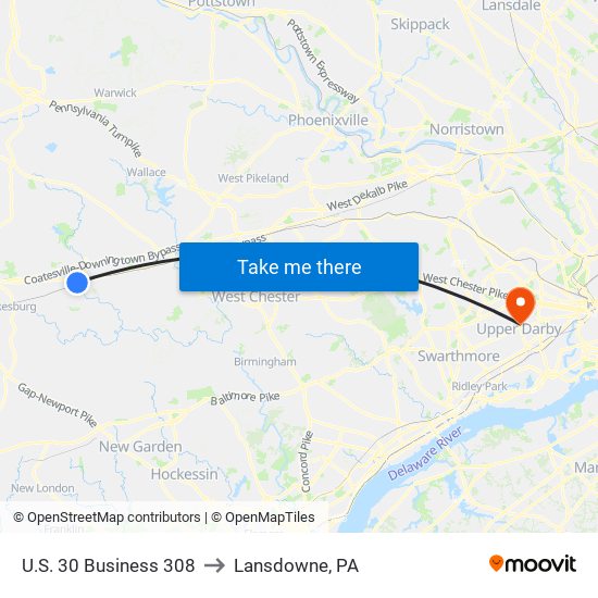 U.S. 30 Business 308 to Lansdowne, PA map