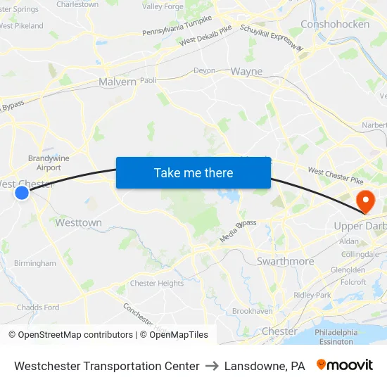 Westchester Transportation Center to Lansdowne, PA map