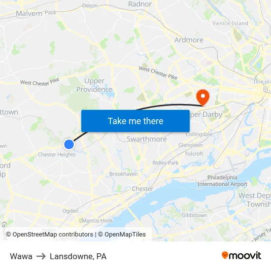 Wawa to Lansdowne, PA map