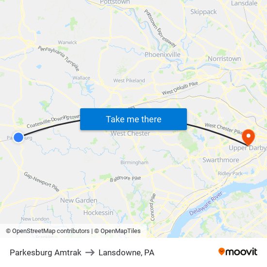 Parkesburg Amtrak to Lansdowne, PA map