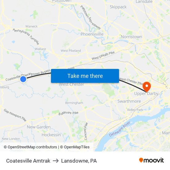 Coatesville Amtrak to Lansdowne, PA map