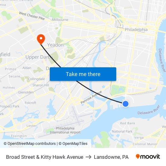 Broad Street & Kitty Hawk Avenue to Lansdowne, PA map