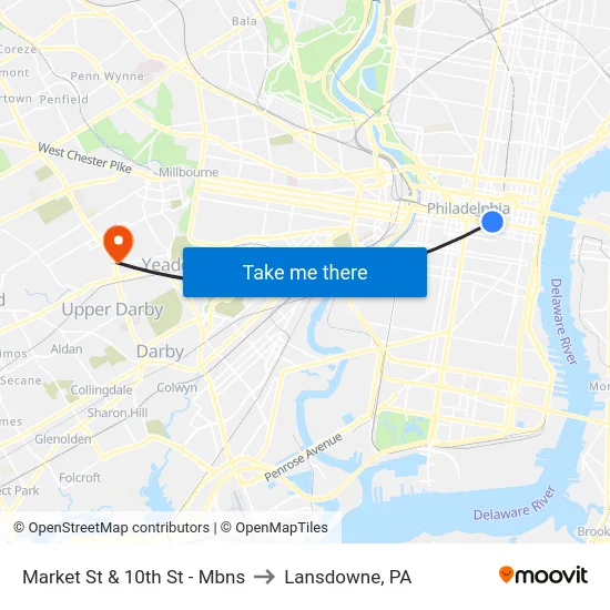 Market St & 10th St  - Mbns to Lansdowne, PA map