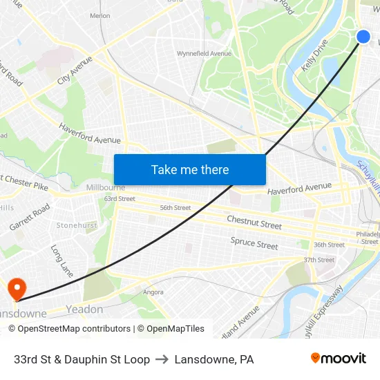 33rd St & Dauphin St Loop to Lansdowne, PA map