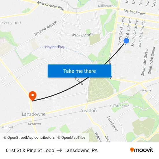 61st St & Pine St Loop to Lansdowne, PA map