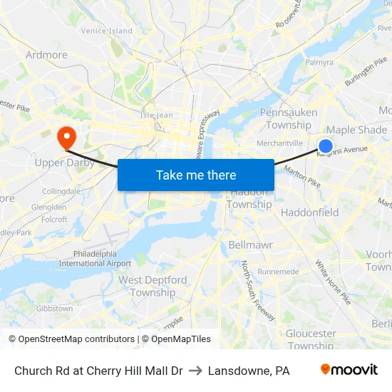 Church Rd at Cherry Hill Mall Dr to Lansdowne, PA map