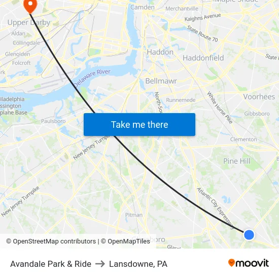 Avandale Park & Ride to Lansdowne, PA map