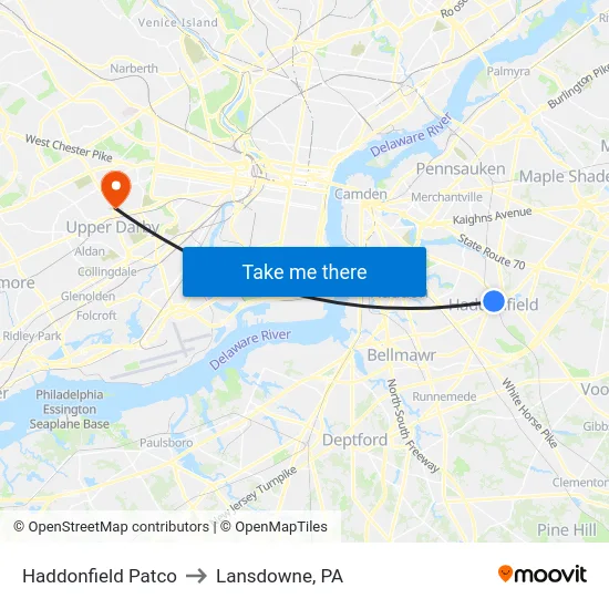 Haddonfield Patco to Lansdowne, PA map