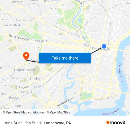 Vine St at 12th St to Lansdowne, PA map