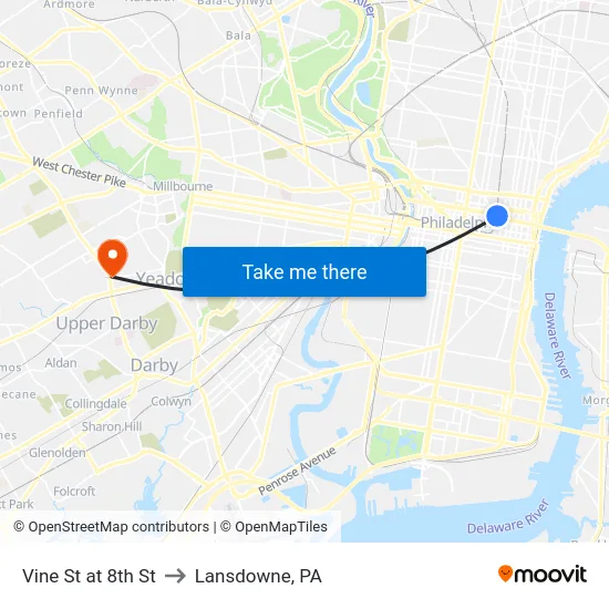 Vine St at 8th St to Lansdowne, PA map