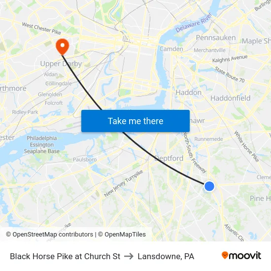 Black Horse Pike at Church St to Lansdowne, PA map