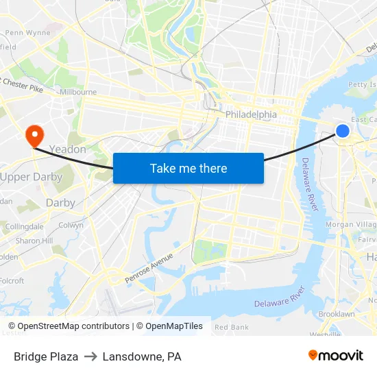 Bridge Plaza to Lansdowne, PA map