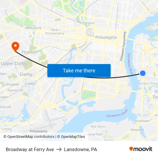 Broadway at Ferry Ave to Lansdowne, PA map