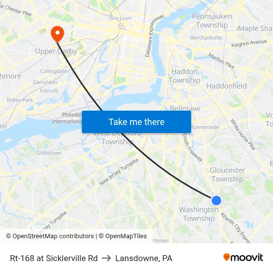 Rt-168 at Sicklerville Rd to Lansdowne, PA map