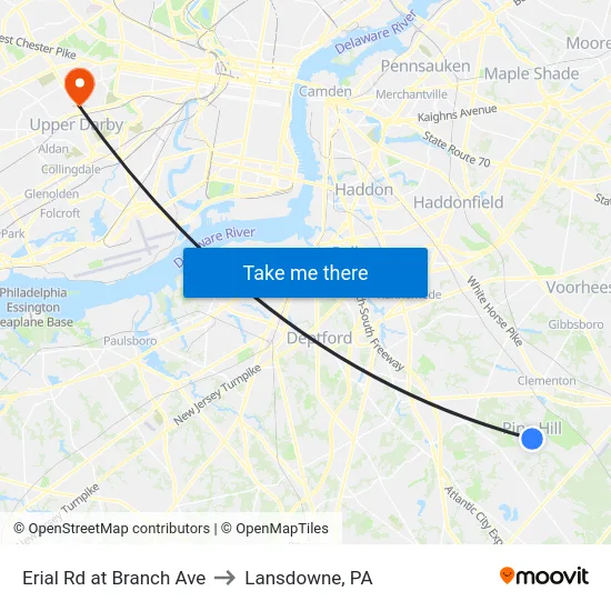 Erial Rd at Branch Ave to Lansdowne, PA map