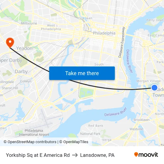 Yorkship Sq at E America Rd to Lansdowne, PA map