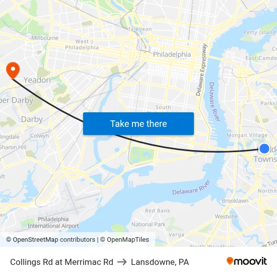 Collings Rd at Merrimac Rd to Lansdowne, PA map