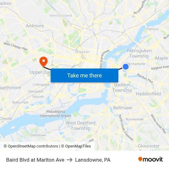 Baird Blvd at Marlton Ave to Lansdowne, PA map