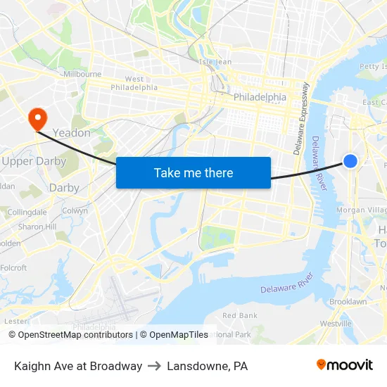 Kaighn Ave at Broadway to Lansdowne, PA map