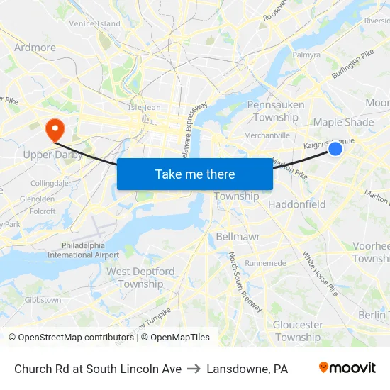 Church Rd at South Lincoln Ave to Lansdowne, PA map