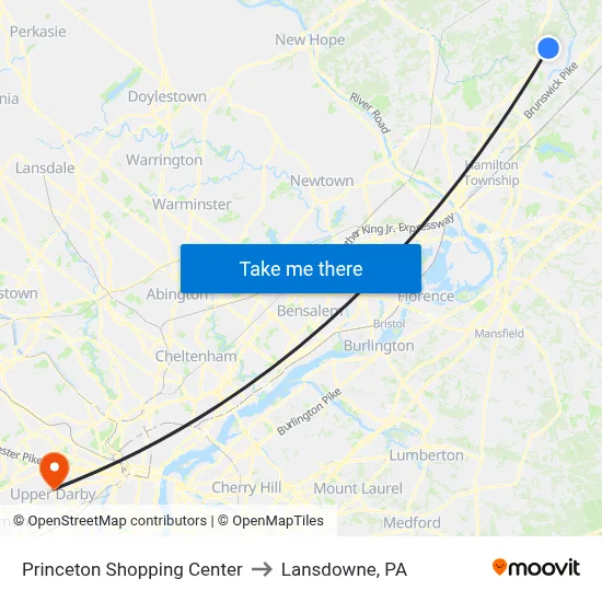 Princeton Shopping Center to Lansdowne, PA map