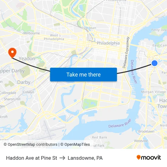 Haddon Ave at Pine St to Lansdowne, PA map