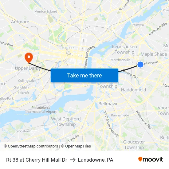 Rt-38 at Cherry Hill Mall Dr to Lansdowne, PA map