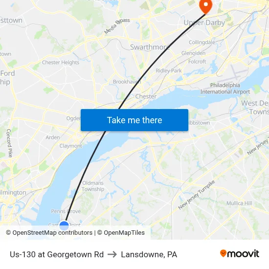 Us-130 at Georgetown Rd to Lansdowne, PA map