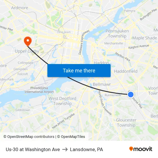 Us-30 at Washington Ave to Lansdowne, PA map