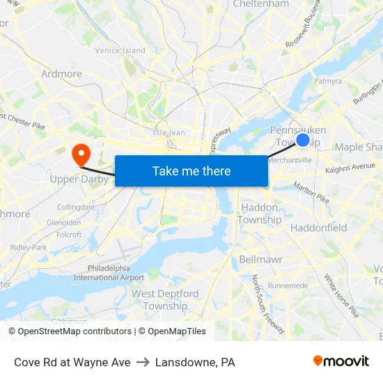 Cove Rd at Wayne Ave to Lansdowne, PA map