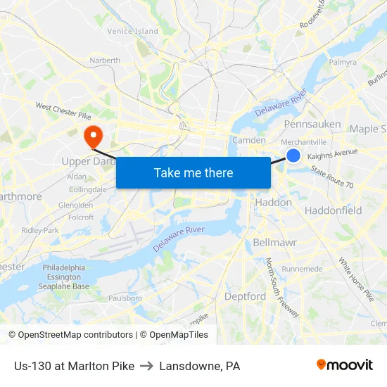 Us-130 at Marlton Pike to Lansdowne, PA map