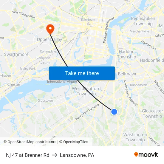 Nj 47 at Brenner Rd to Lansdowne, PA map