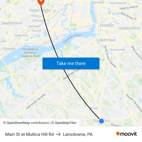 Main St at Mullica Hill Rd to Lansdowne, PA map