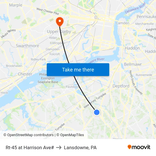 Rt-45 at Harrison Ave# to Lansdowne, PA map