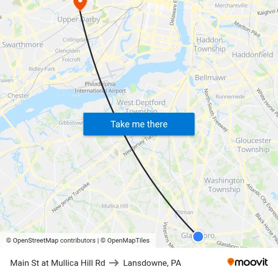 Main St at Mullica Hill Rd to Lansdowne, PA map