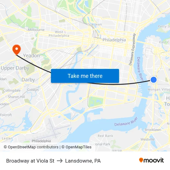 Broadway at Viola St to Lansdowne, PA map