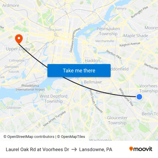 Laurel Oak Rd at Voorhees Dr to Lansdowne, PA map