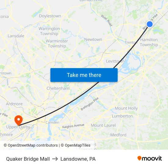 Quaker Bridge Mall to Lansdowne, PA map