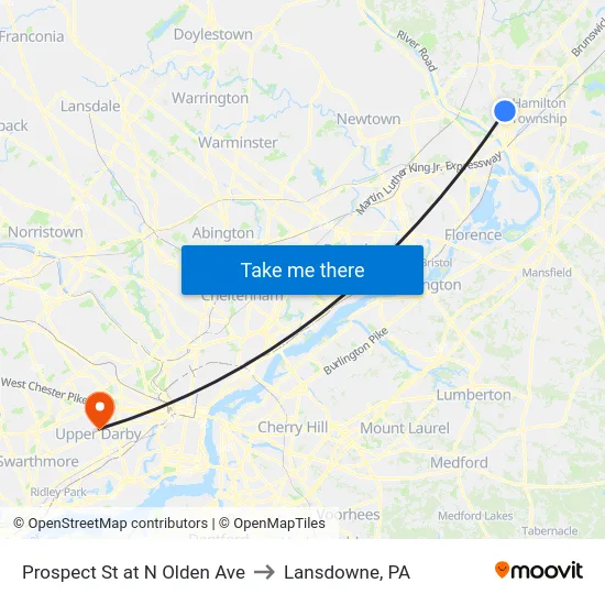 Prospect St at  N Olden Ave to Lansdowne, PA map