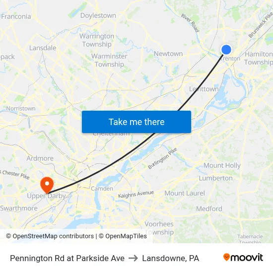 Pennington Rd at Parkside Ave to Lansdowne, PA map