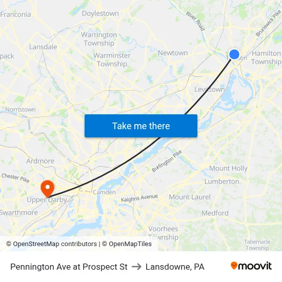 Pennington Ave at Prospect St to Lansdowne, PA map